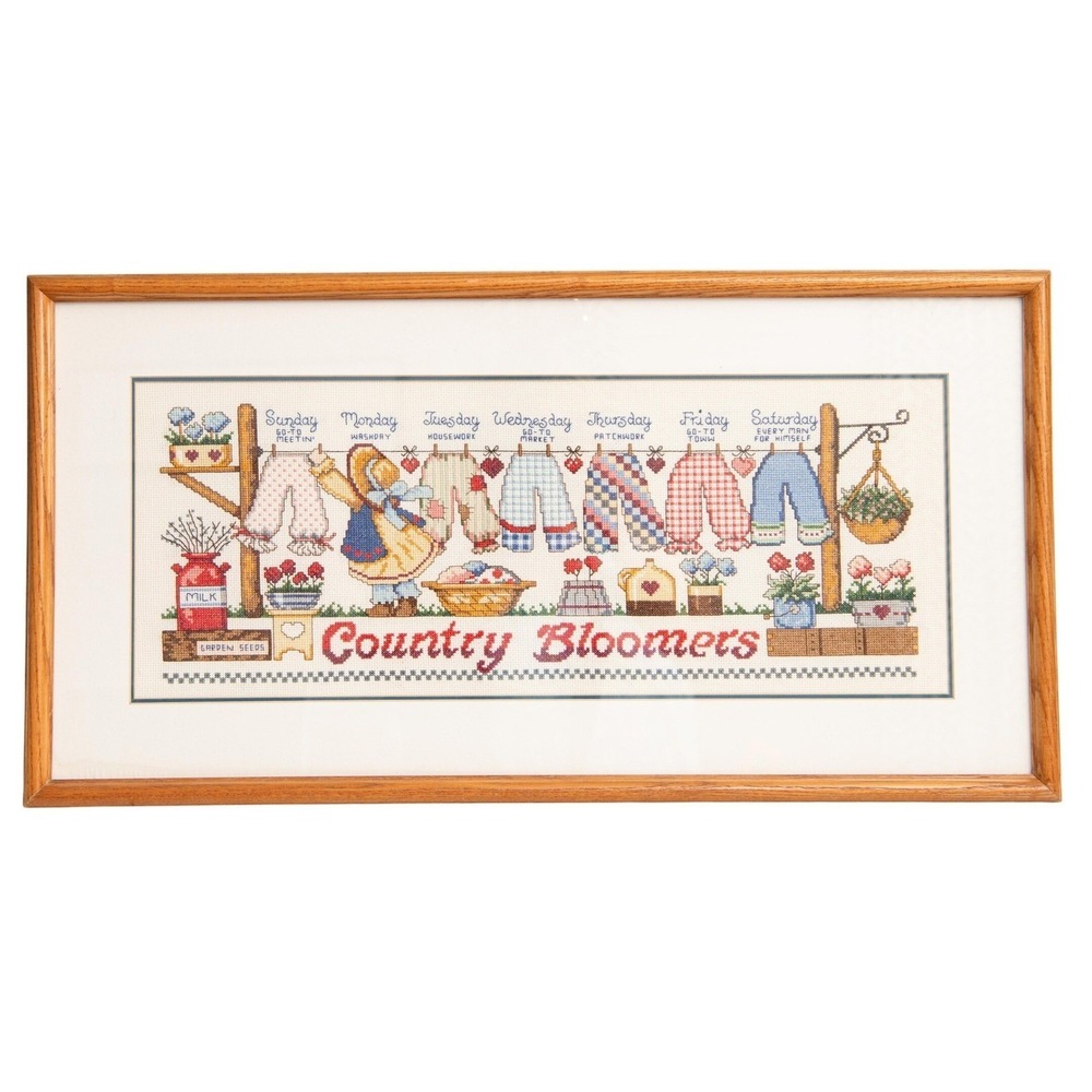 VTG Cross Stitch Wall Art COUNTRY BLOOMER Farmhouse CottageCore 90s Folk Art